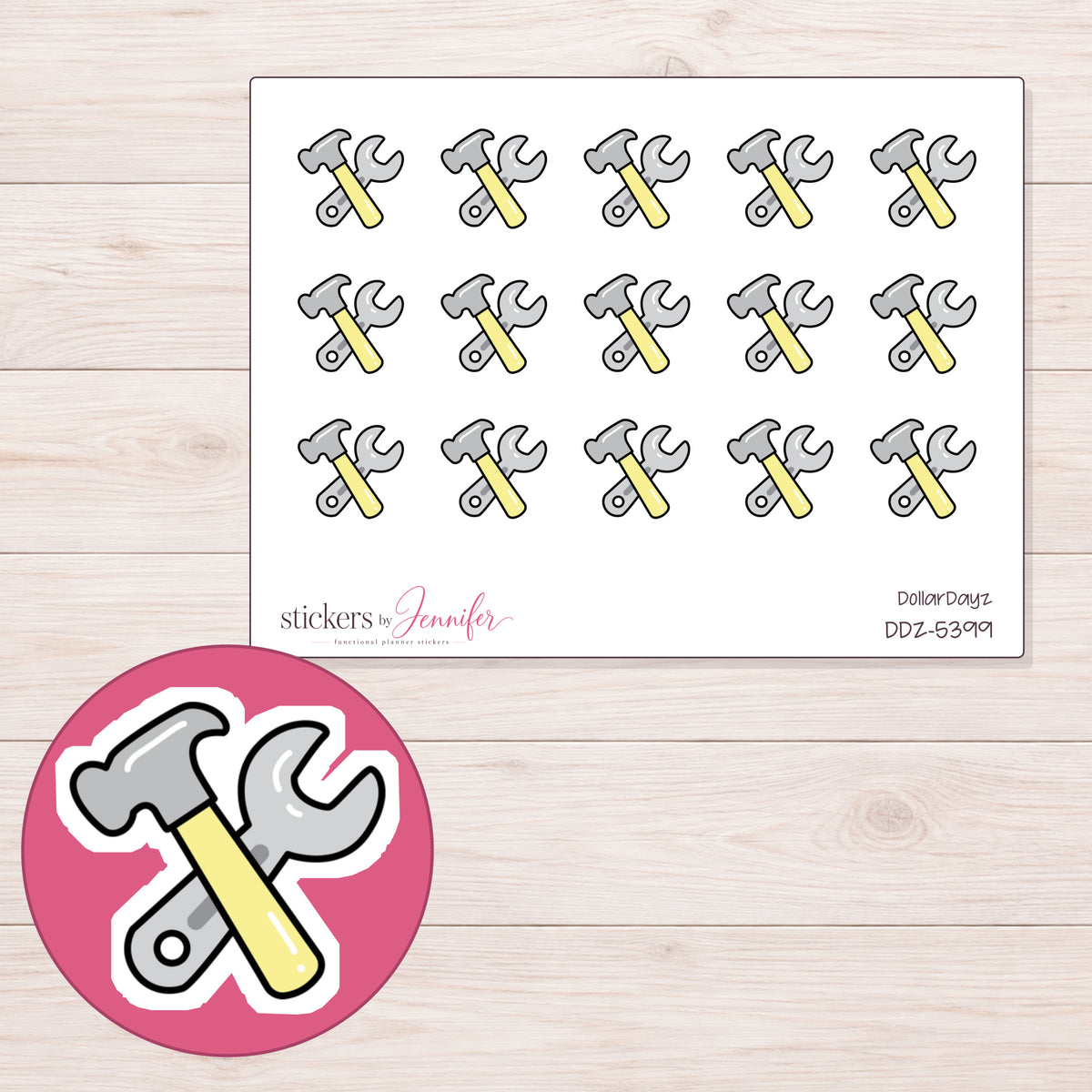 Yellow Hammer and Wrench Planner Stickers | DDZ-5399 — 4 × 3 inch sheet and enlarged sticker detail