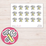 Yellow Hammer and Wrench Planner Stickers | DDZ-5399 — 4 × 3 inch sheet and enlarged sticker detail