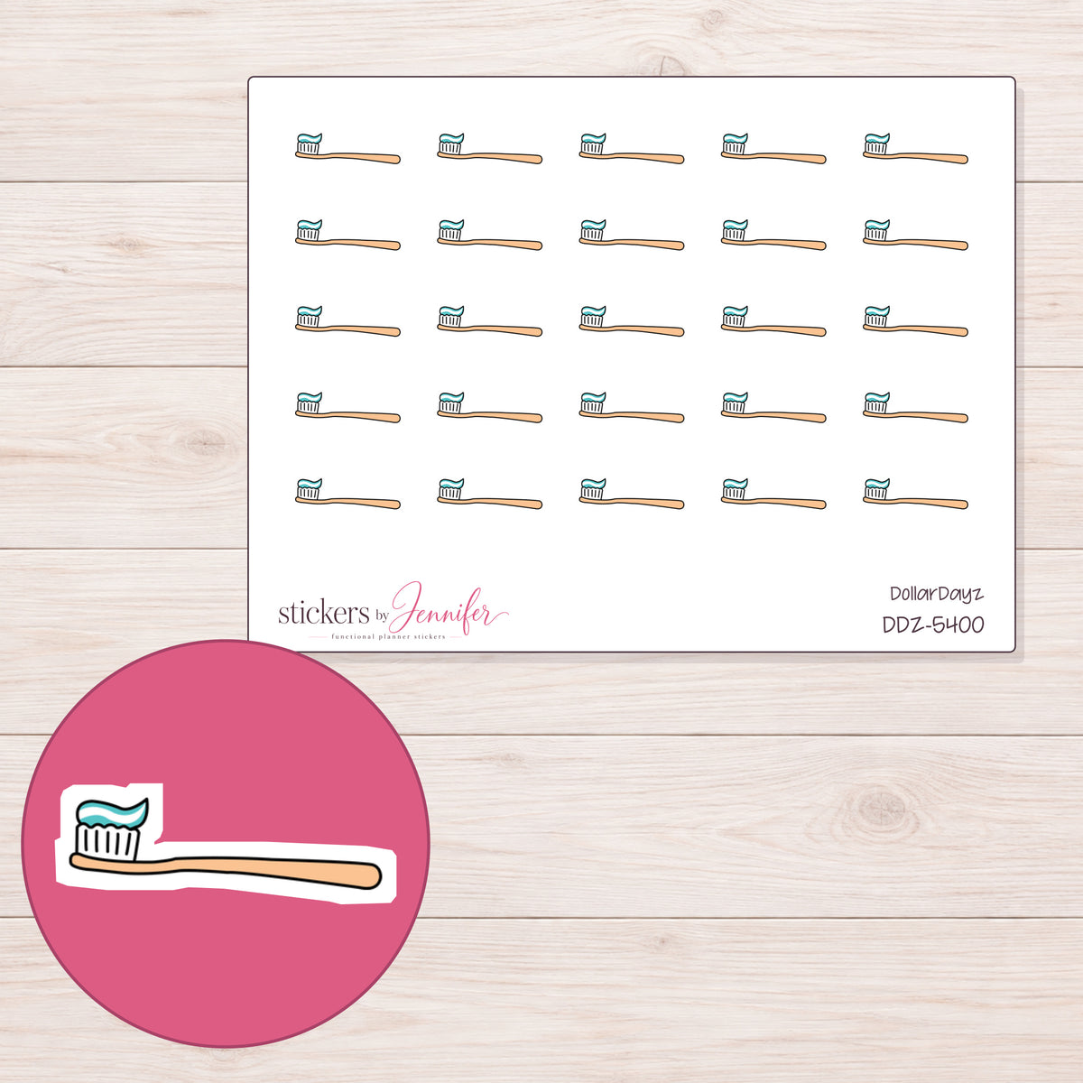 Peach Toothbrush Planner Stickers | DDZ-5400 — 4 × 3 inch sheet and enlarged sticker detail