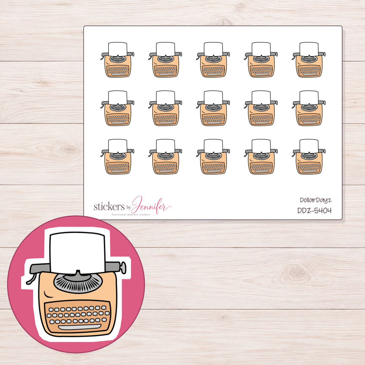 Peach Typewriter Planner Stickers | DDZ-5404 — 4 × 3 inch sheet and enlarged sticker detail