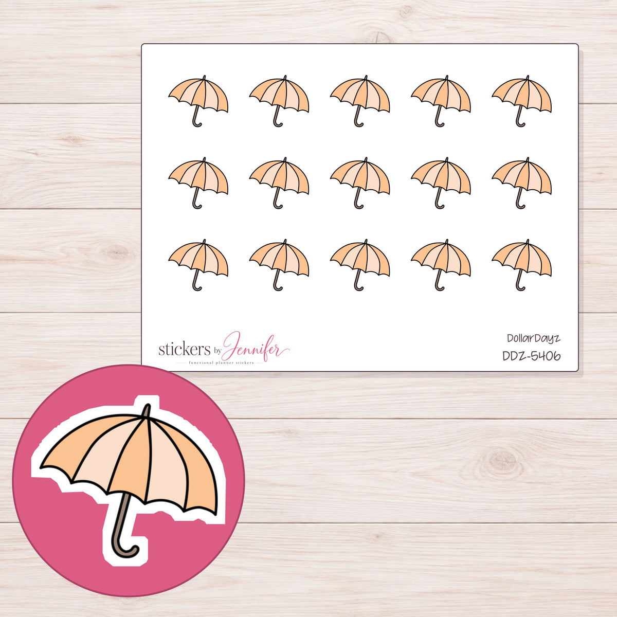 Peach Umbrella Planner Stickers | DDZ-5406 — 4 × 3 inch sheet and enlarged sticker detail