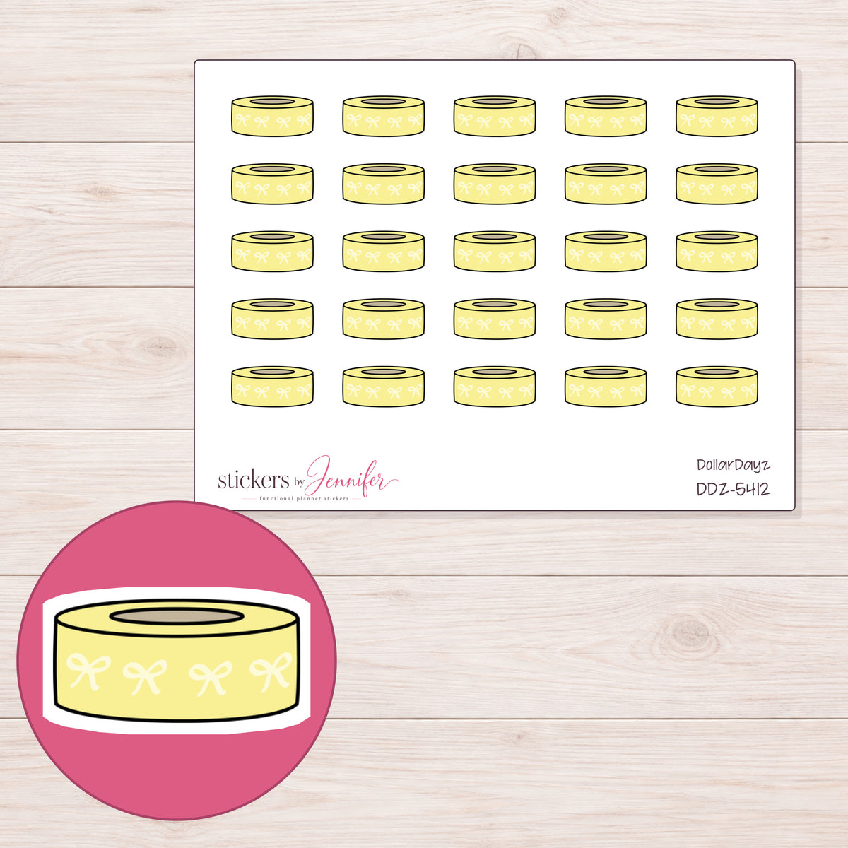 Yellow Bow Washi Roll Planner Stickers | DDZ-5412 — 4 × 3 inch sheet and enlarged sticker detail