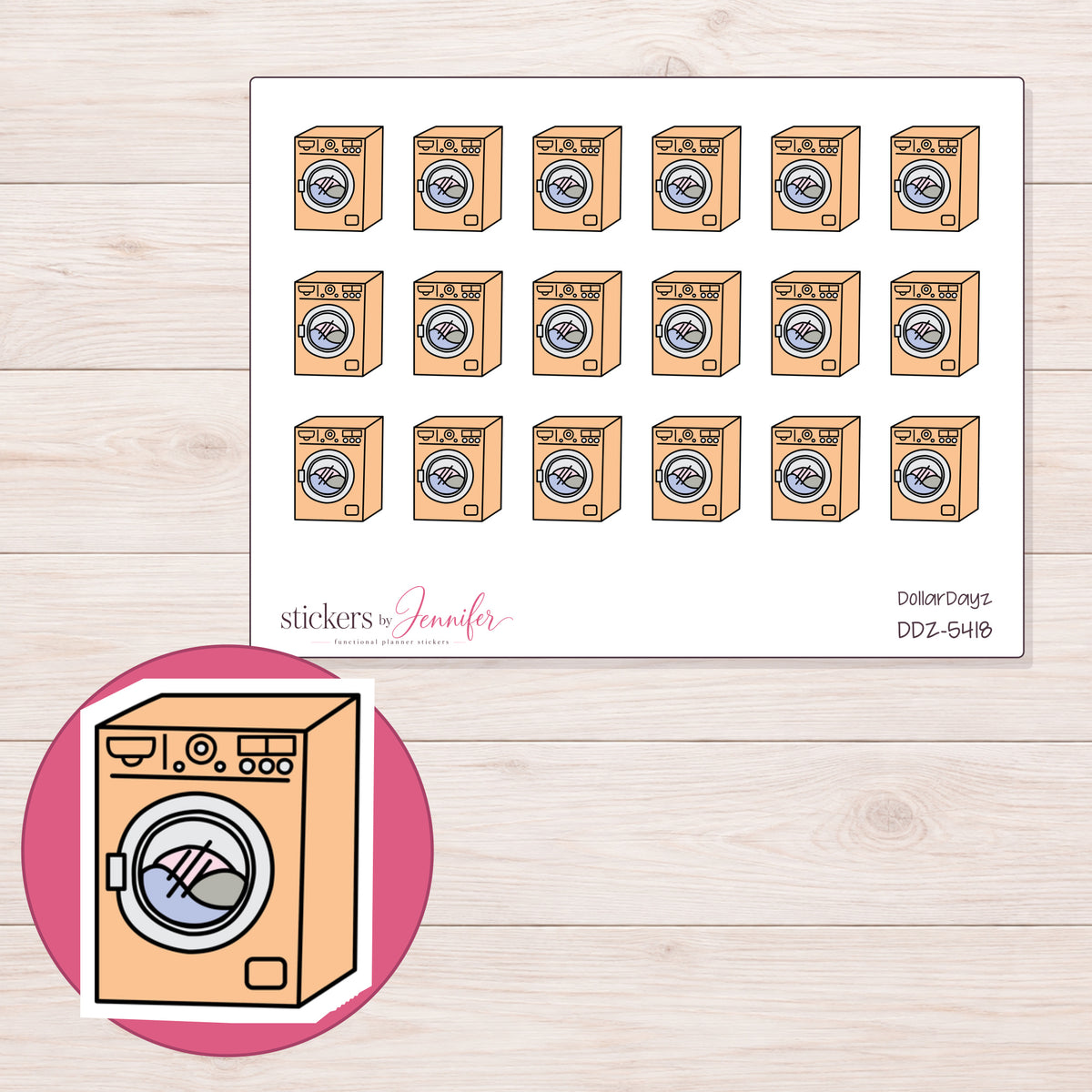 Peach Washing Machine Planner Stickers | DDZ-5418 — 4 × 3 inch sheet and enlarged sticker detail