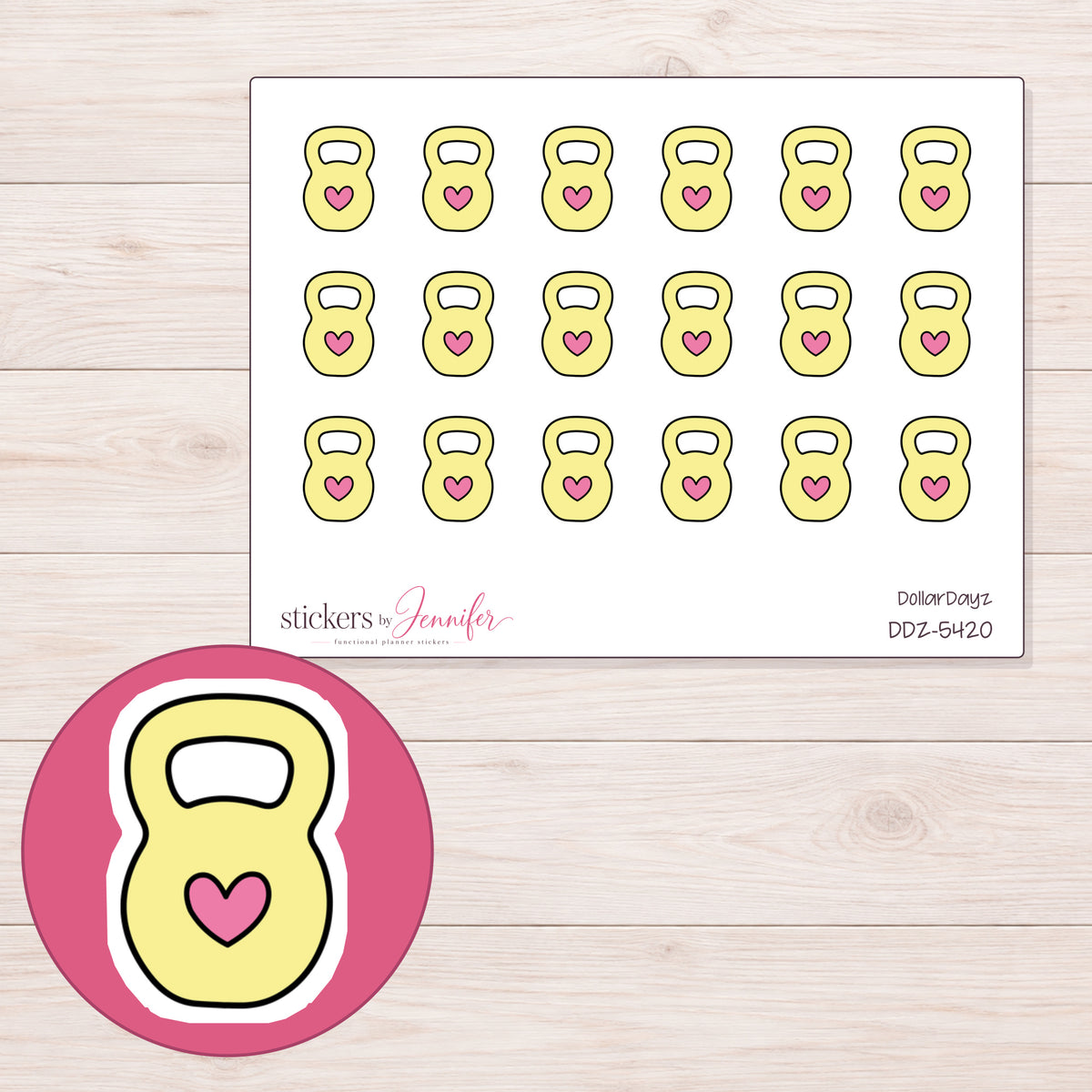Yellow Heart Kettlebell Planner Stickers | DDZ-5420 — 4 × 3 inch sheet and enlarged sticker detail