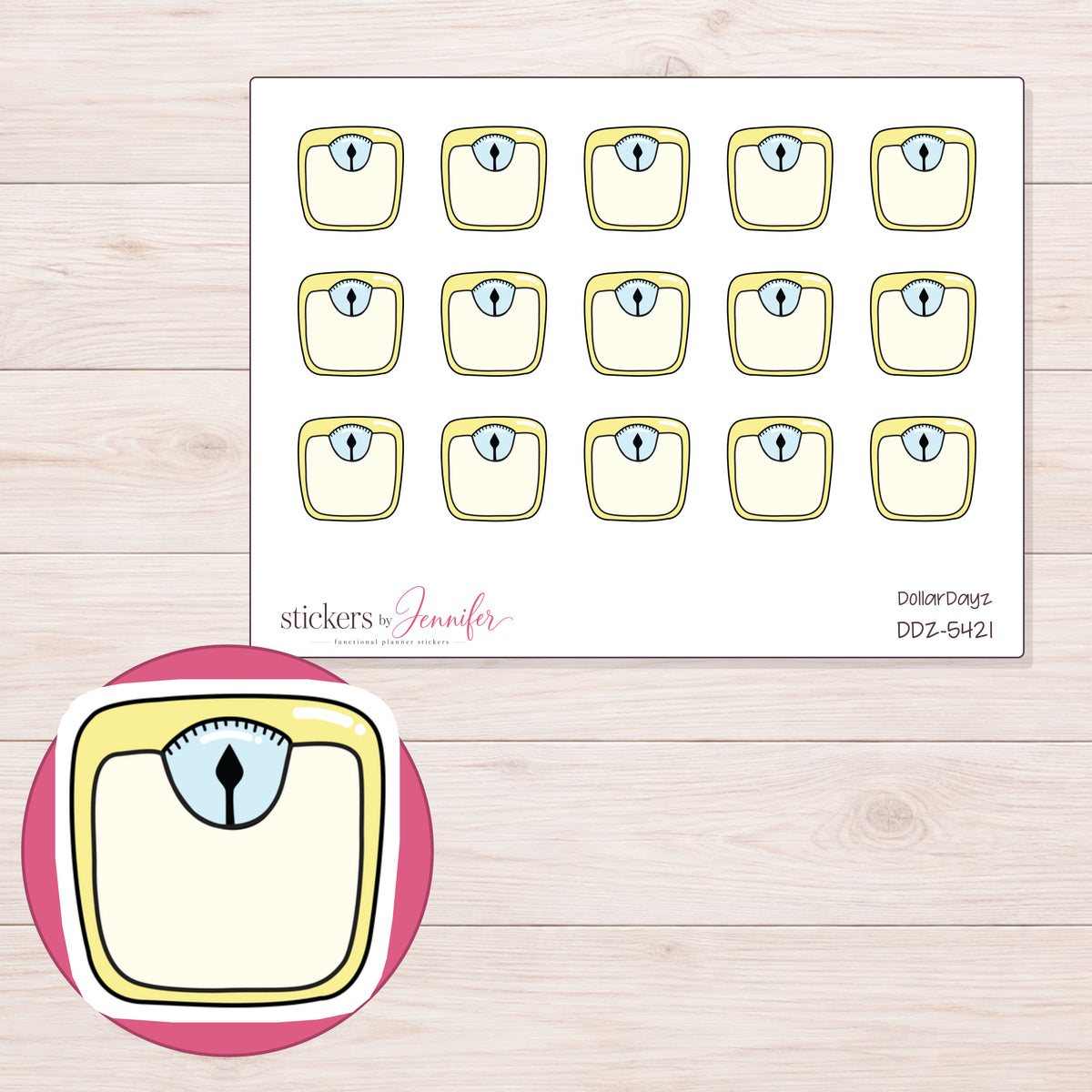 Yellow Scale Planner Stickers | DDZ-5421 — 4 × 3 inch sheet and enlarged sticker detail
