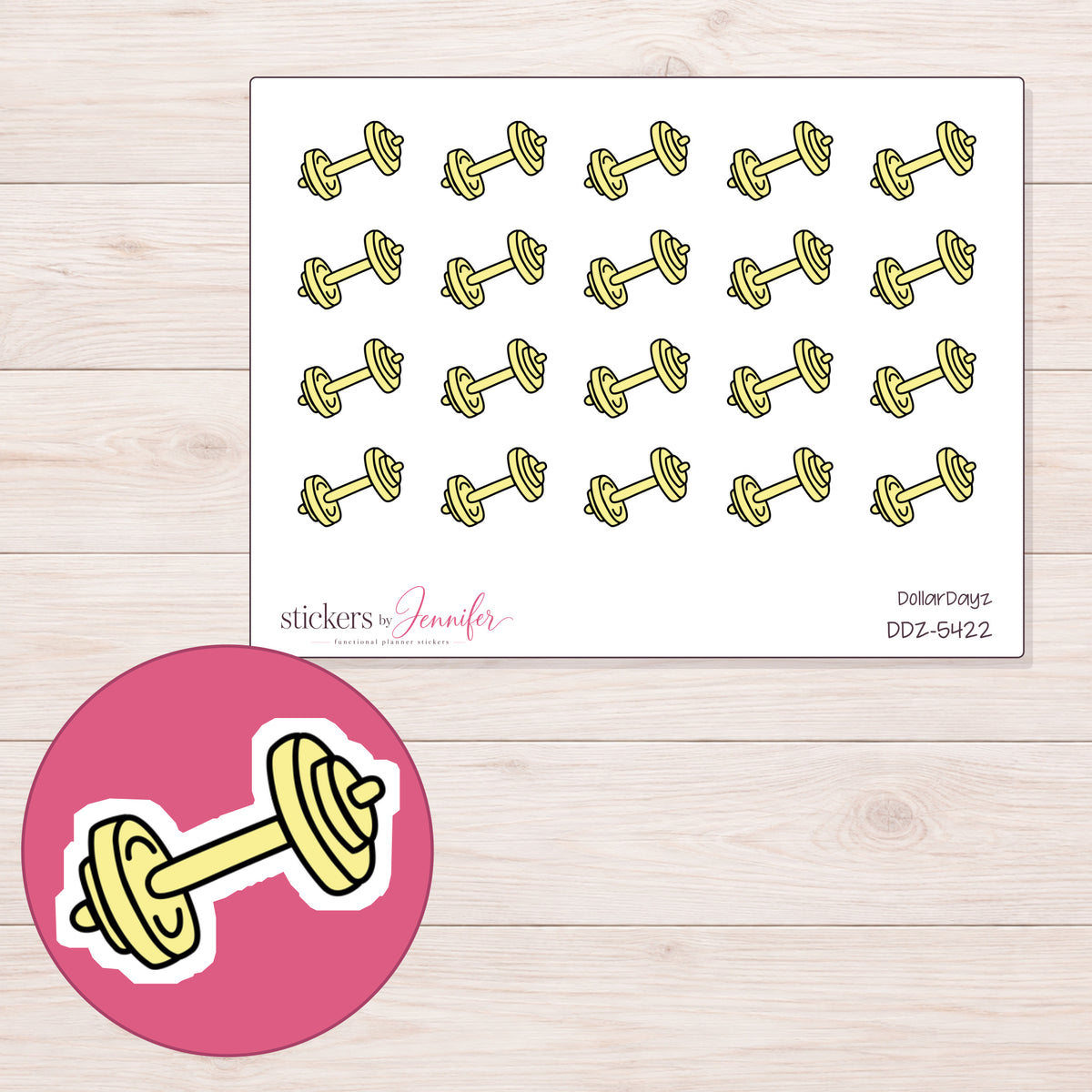 Yellow Dumbbell Planner Stickers | DDZ-5422 — 4 × 3 inch sheet and enlarged sticker detail