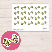 Yellow Dumbbell Planner Stickers | DDZ-5422 — 4 × 3 inch sheet and enlarged sticker detail