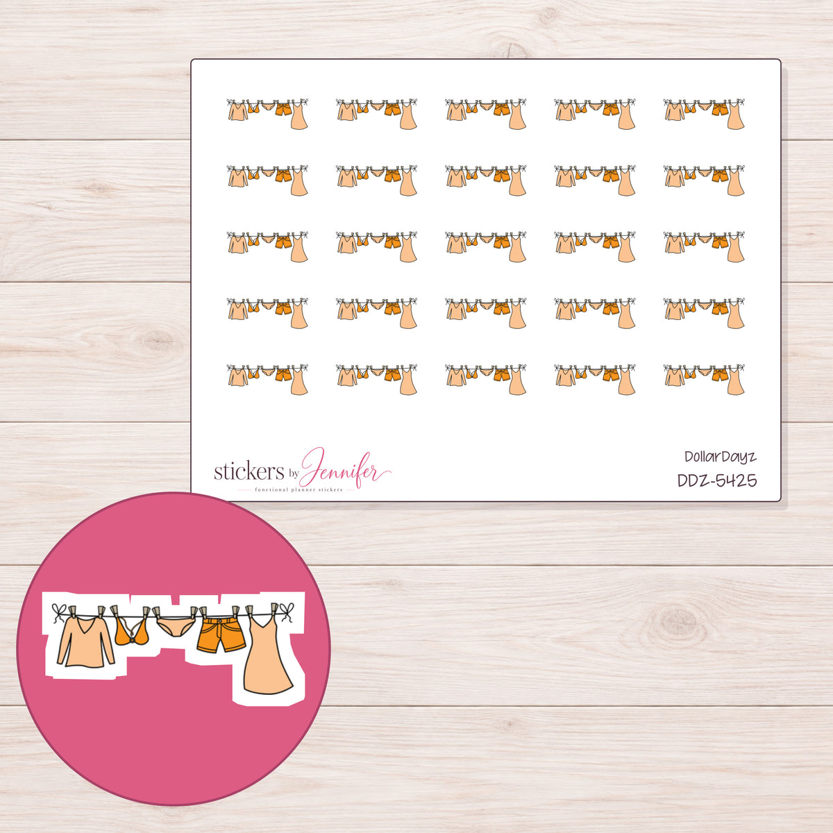 Peach Clothesline Planner Stickers | DDZ-5425 — 4 × 3 inch sheet and enlarged sticker detail