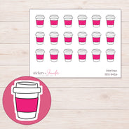 Pink Takeaway Coffee Planner Stickers | DDZ-5426 — 4 × 3 inch sheet and enlarged sticker detail