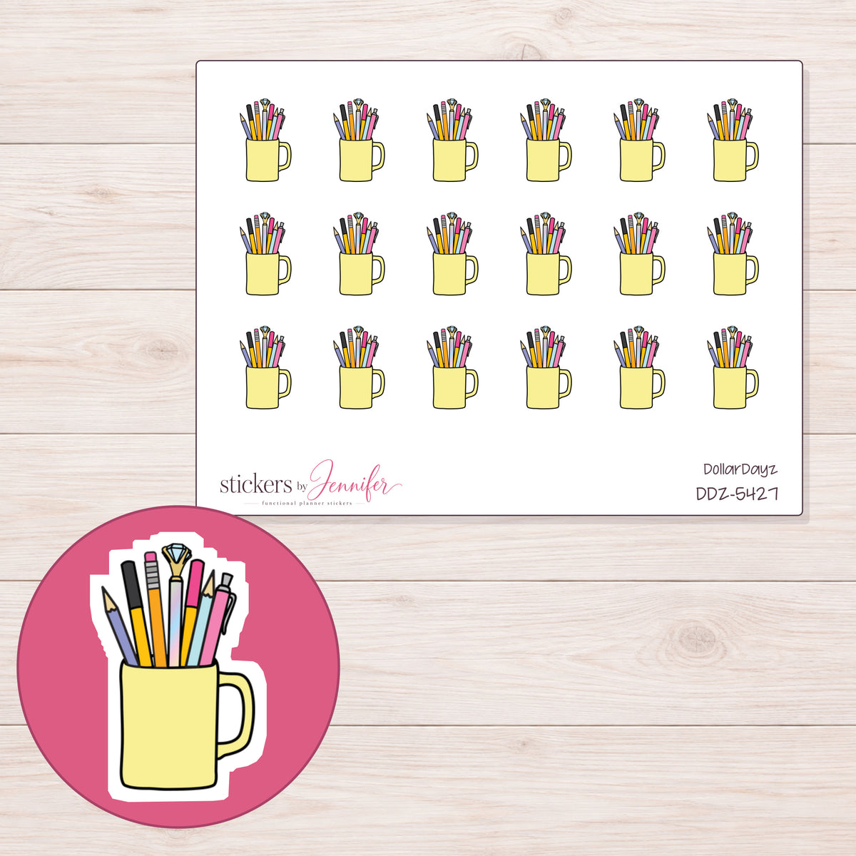 Yellow Pencil Cup Planner Stickers | DDZ-5427 — 4 × 3 inch sheet and enlarged sticker detail
