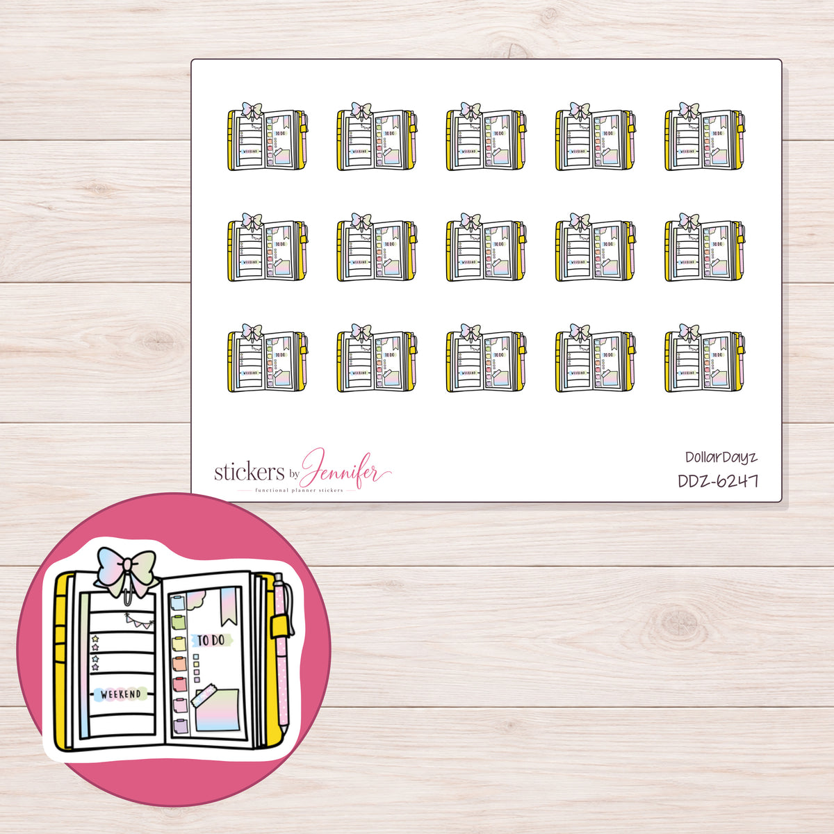 DDZ-6247 planner sticker sheet with enlarged sticker detail