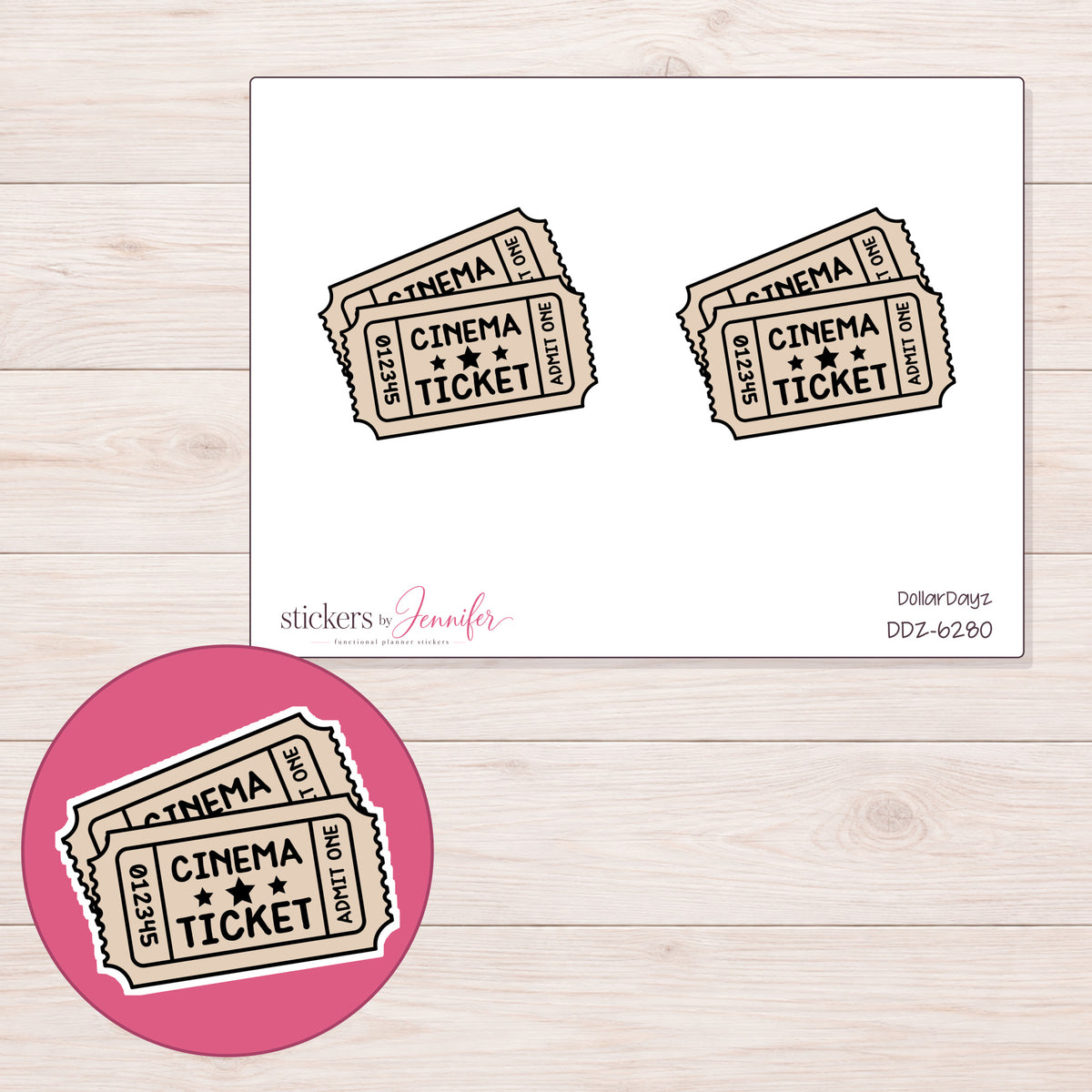 Cinema Ticket Pair Planner Stickers | DDZ-6280 — 4 × 3 inch sheet and enlarged sticker detail