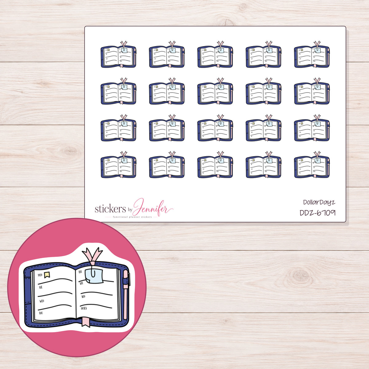 DDZ-6709 planner sticker sheet with enlarged sticker detail