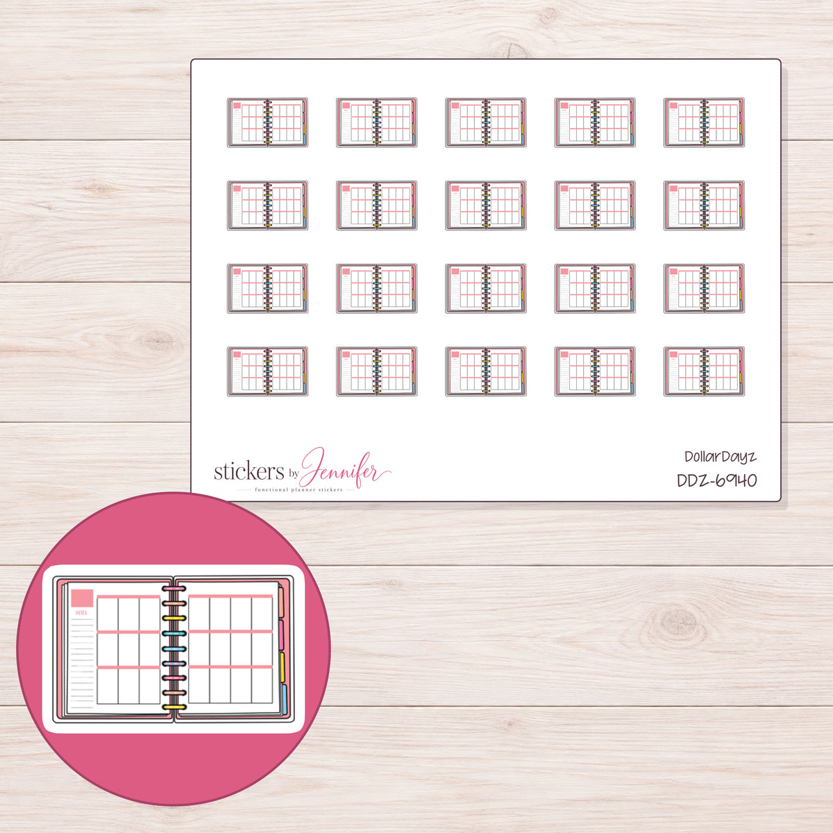 DDZ-6940 planner sticker sheet with enlarged sticker detail