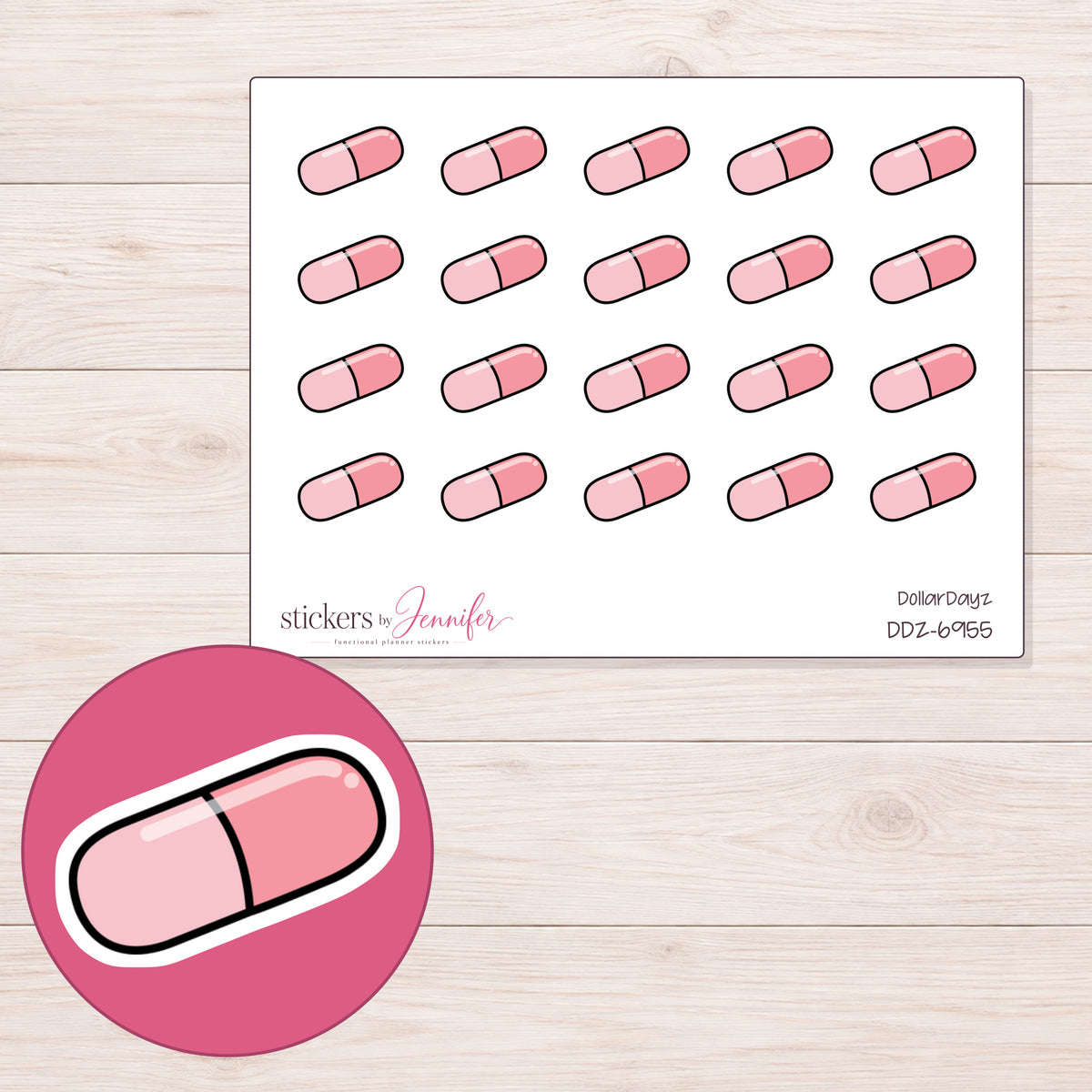 DDZ-6955 planner sticker sheet with enlarged sticker detail