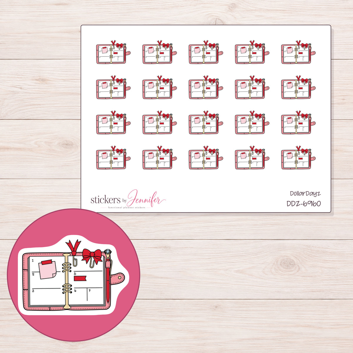 DDZ-6960 planner sticker sheet with enlarged sticker detail