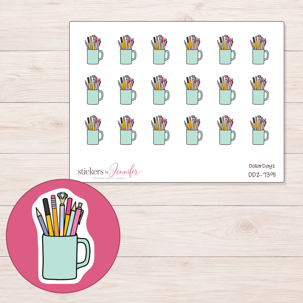DDZ-7391 planner sticker sheet with enlarged sticker detail