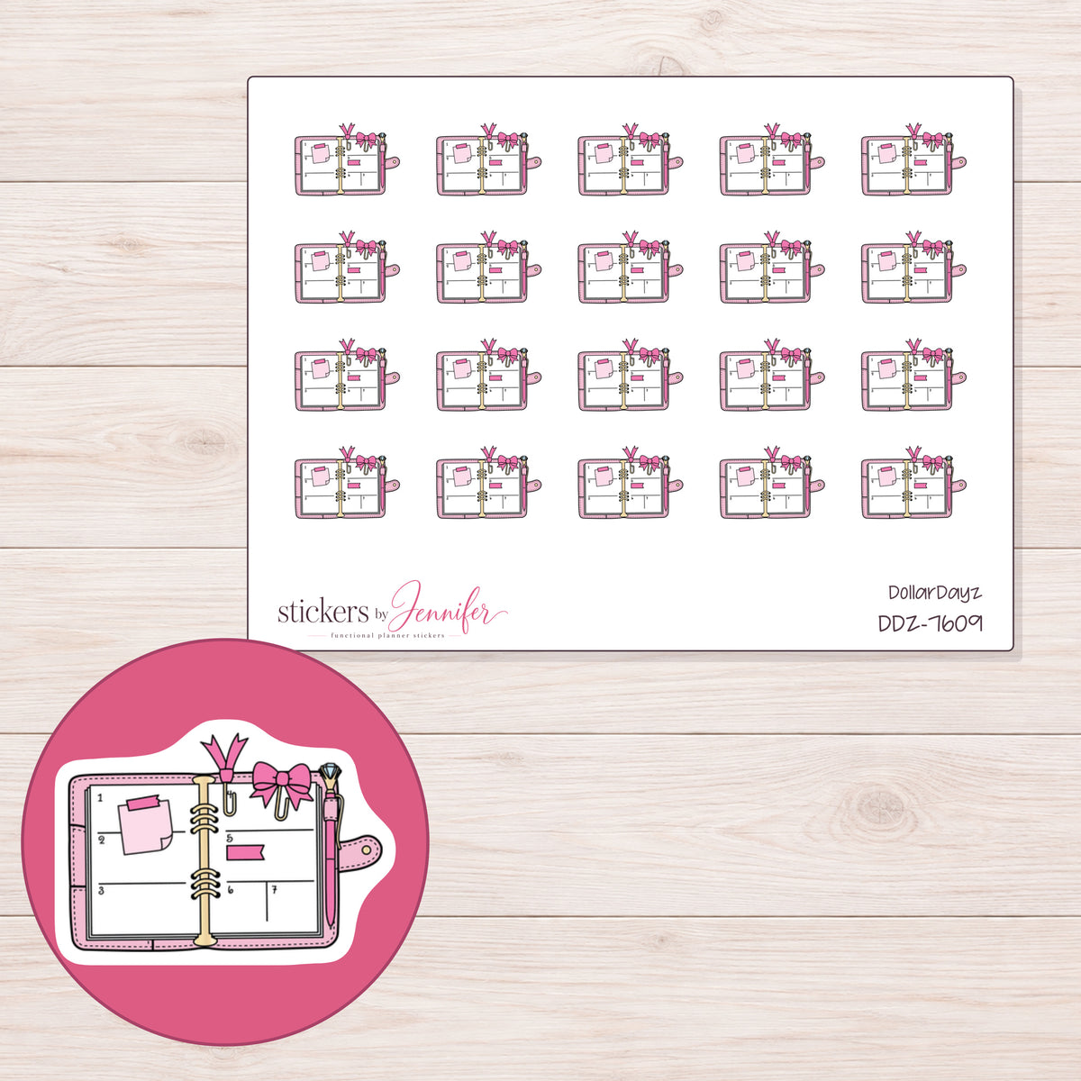 DDZ-7609 planner sticker sheet with enlarged sticker detail