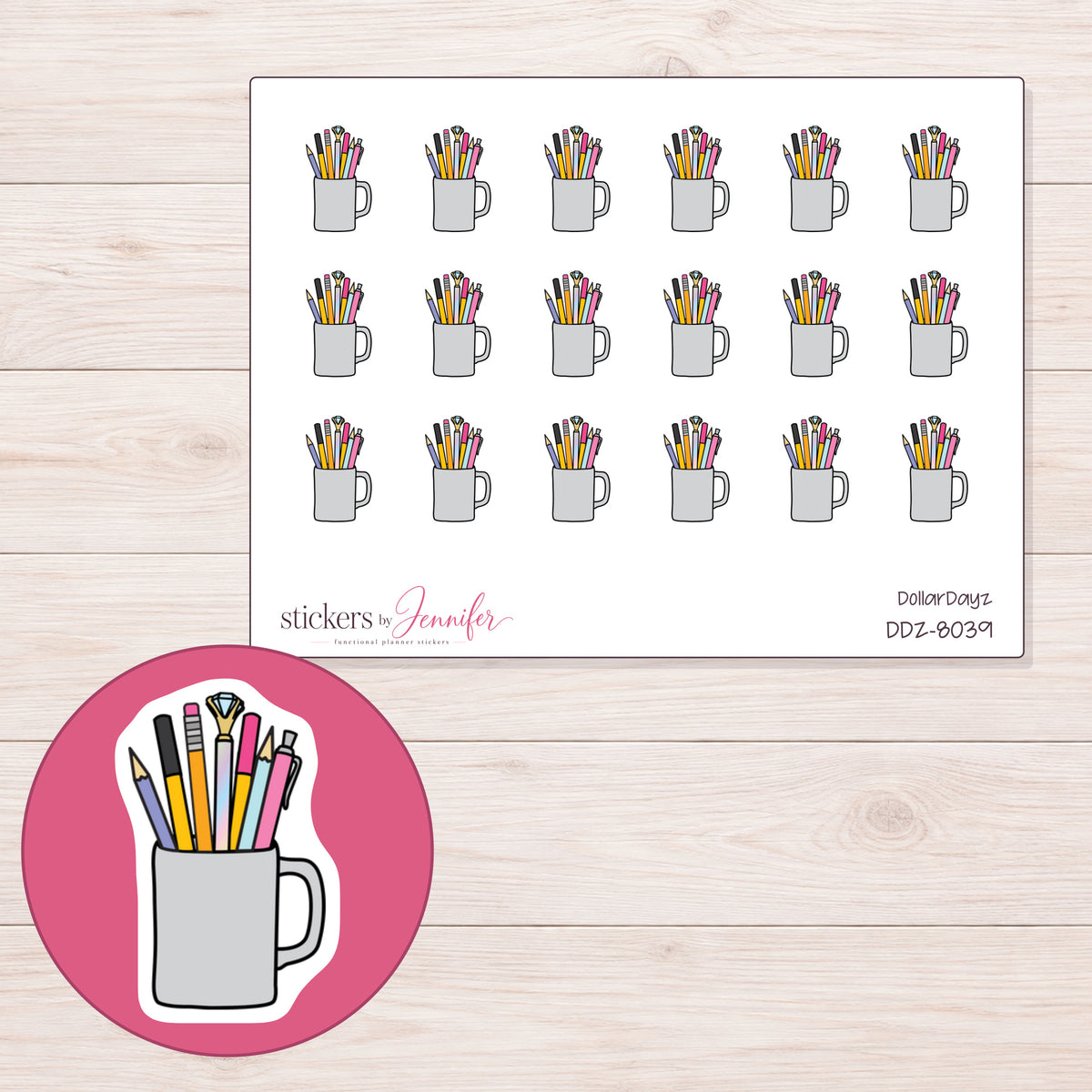 DDZ-8039 planner sticker sheet with enlarged sticker detail