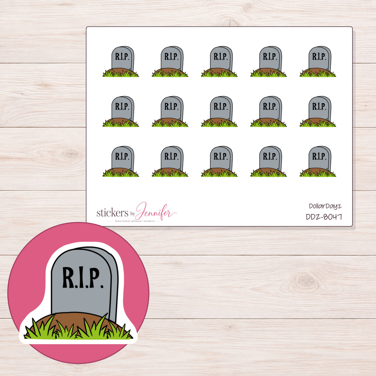 DDZ-8047 planner sticker sheet with enlarged sticker detail
