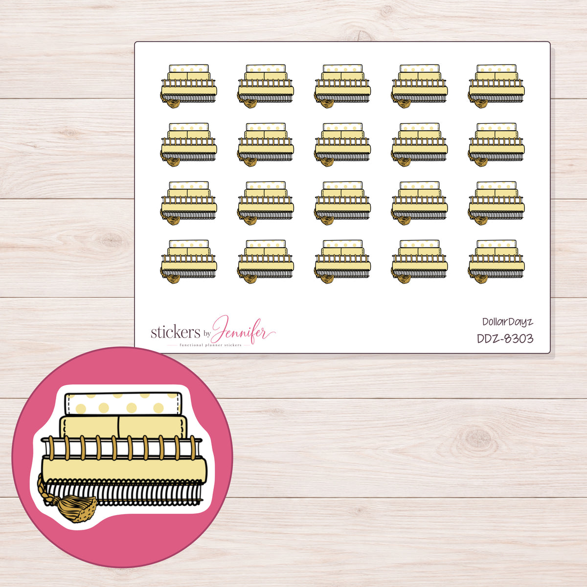 DDZ-8303 planner sticker sheet with enlarged sticker detail