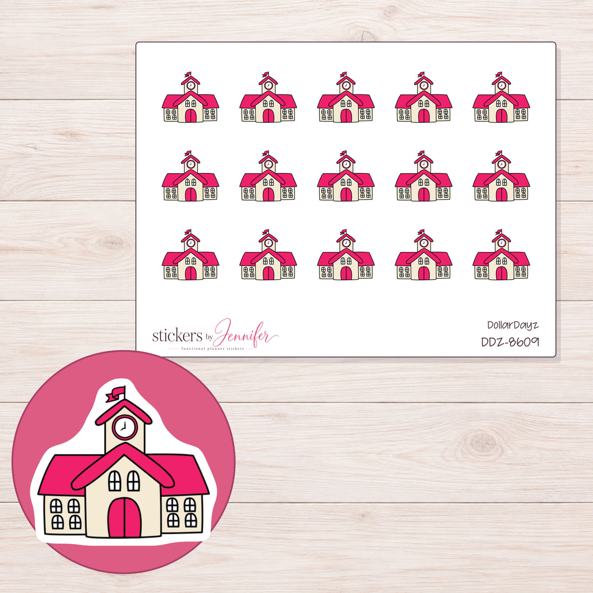 DDZ-8609 planner sticker sheet with enlarged sticker detail
