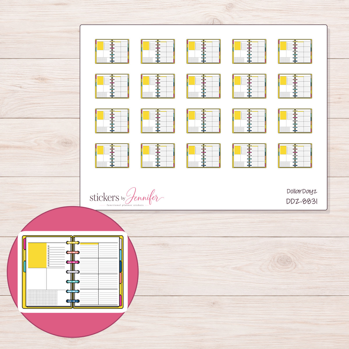 DDZ-8831 planner sticker sheet with enlarged sticker detail