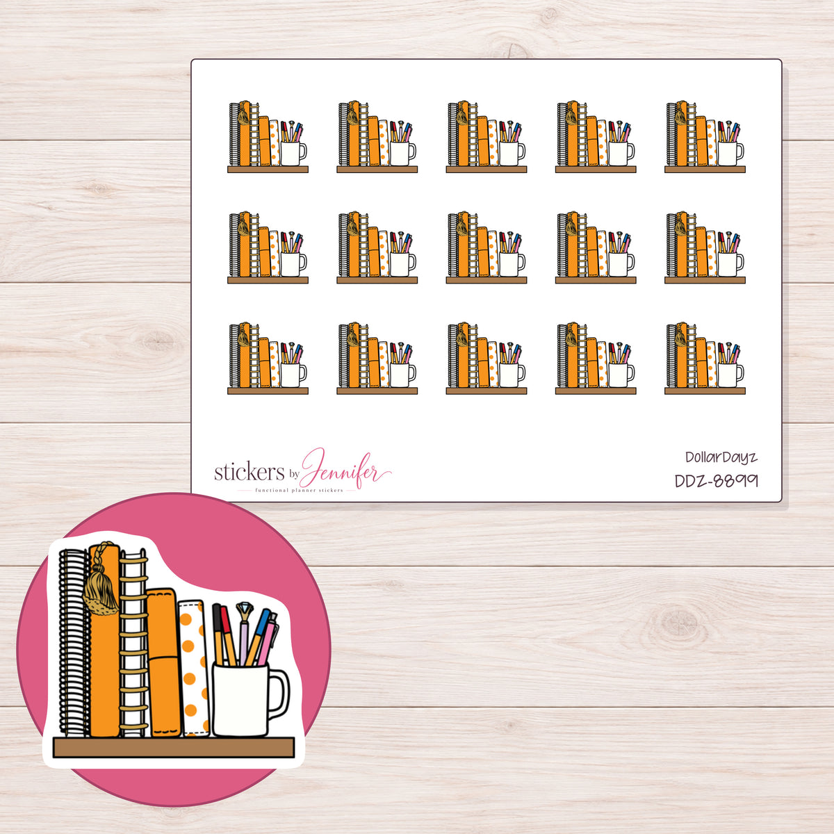 DDZ-8899 planner sticker sheet with enlarged sticker detail