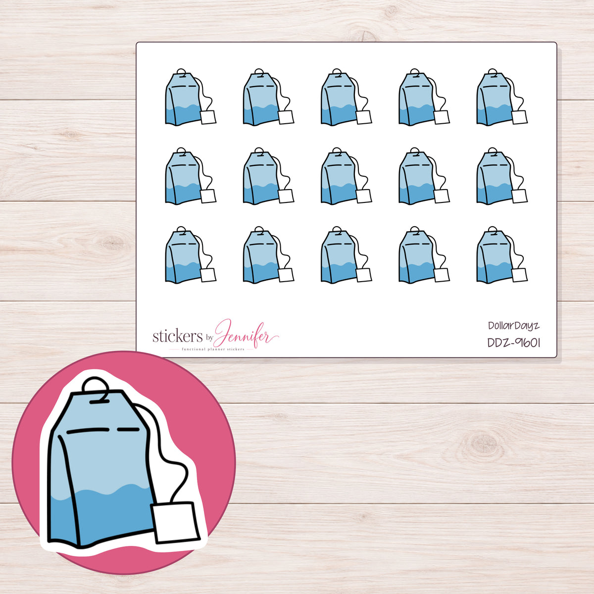 DDZ-9601 planner sticker sheet with enlarged sticker detail