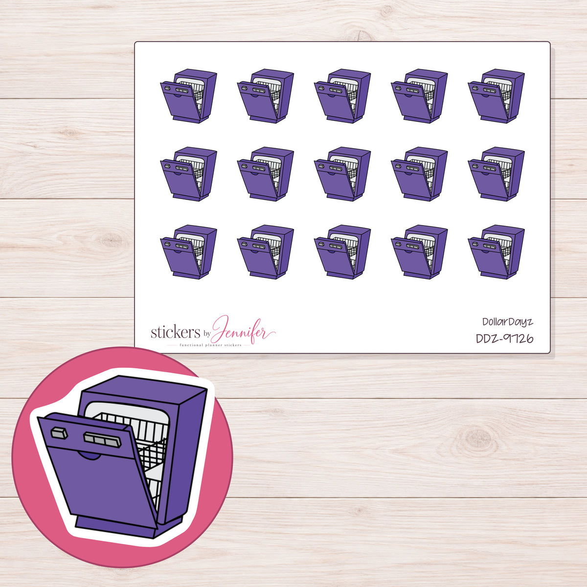 DDZ-9726 planner sticker sheet with enlarged sticker detail