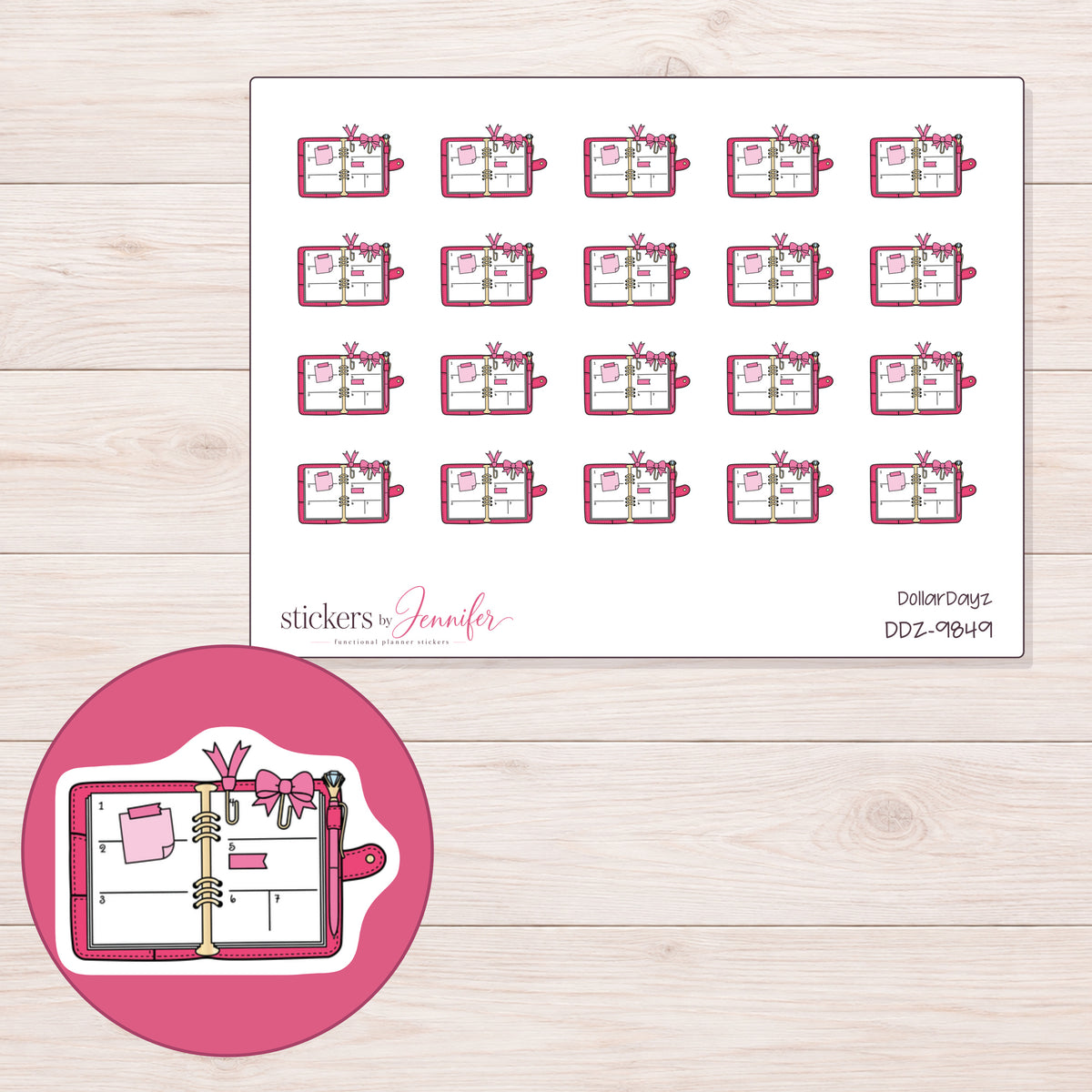 DDZ-9849 planner sticker sheet with enlarged sticker detail