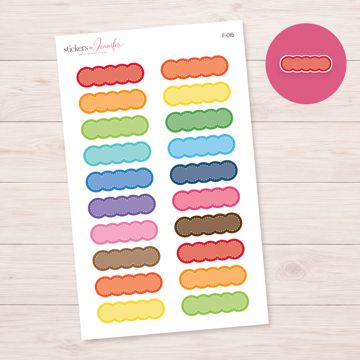 Scalloped Stitched Labels — Bright Color Mix Planner Stickers | F-015