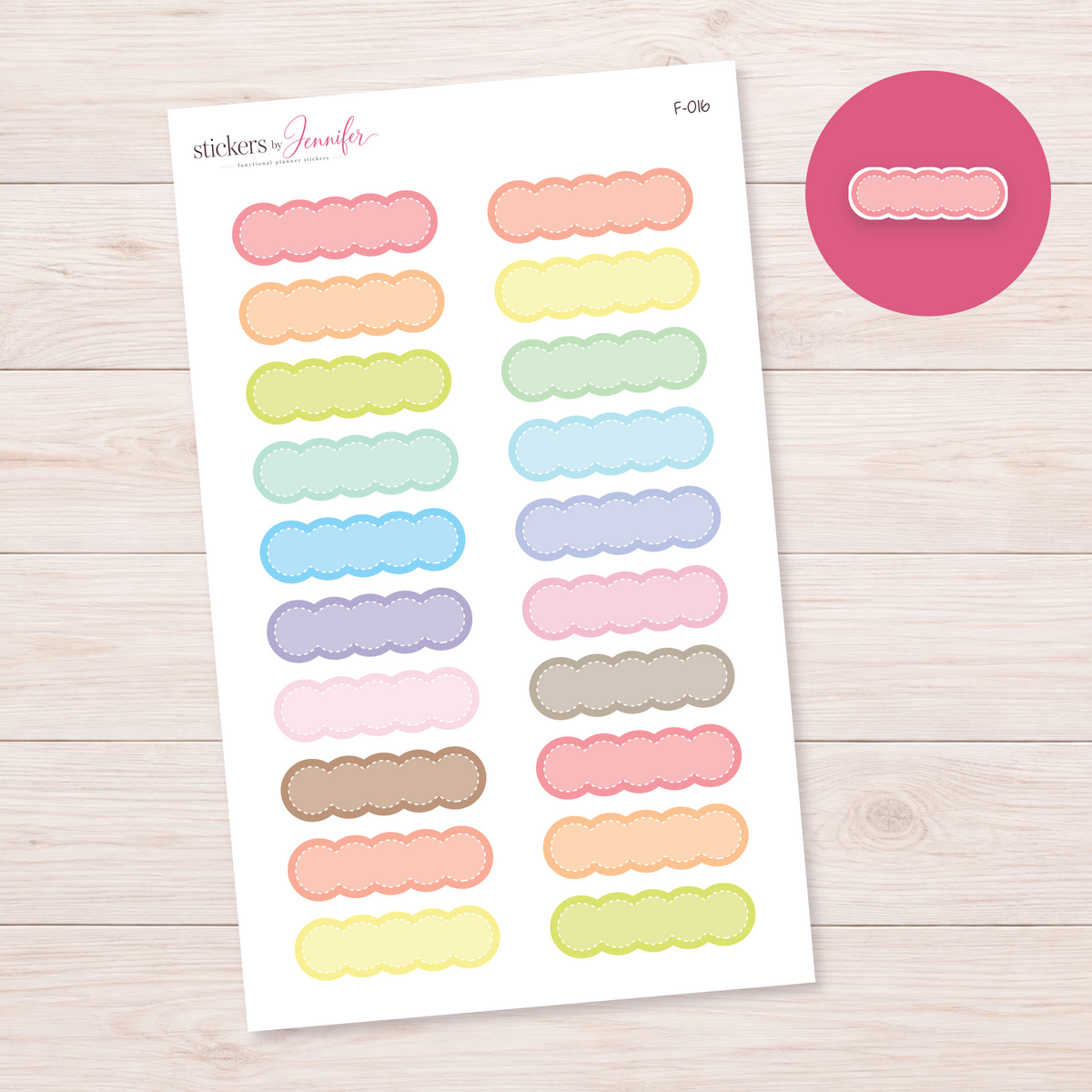 Scalloped Stitched Labels — Soft Color Mix Planner Stickers | F-016