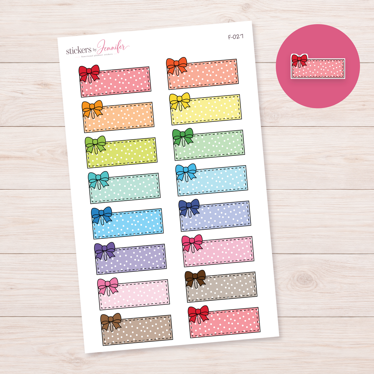 Dotted Bow Labels — Bright Color Mix Planner Stickers | F-027