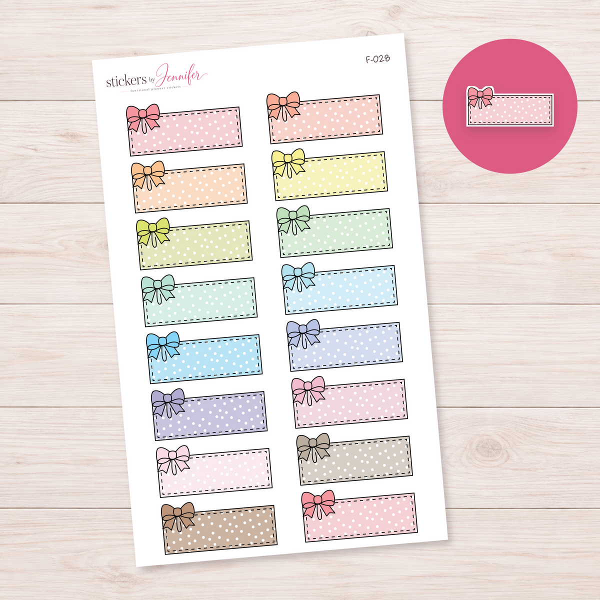 Dotted Bow Labels — Soft Color Mix Planner Stickers | F-028