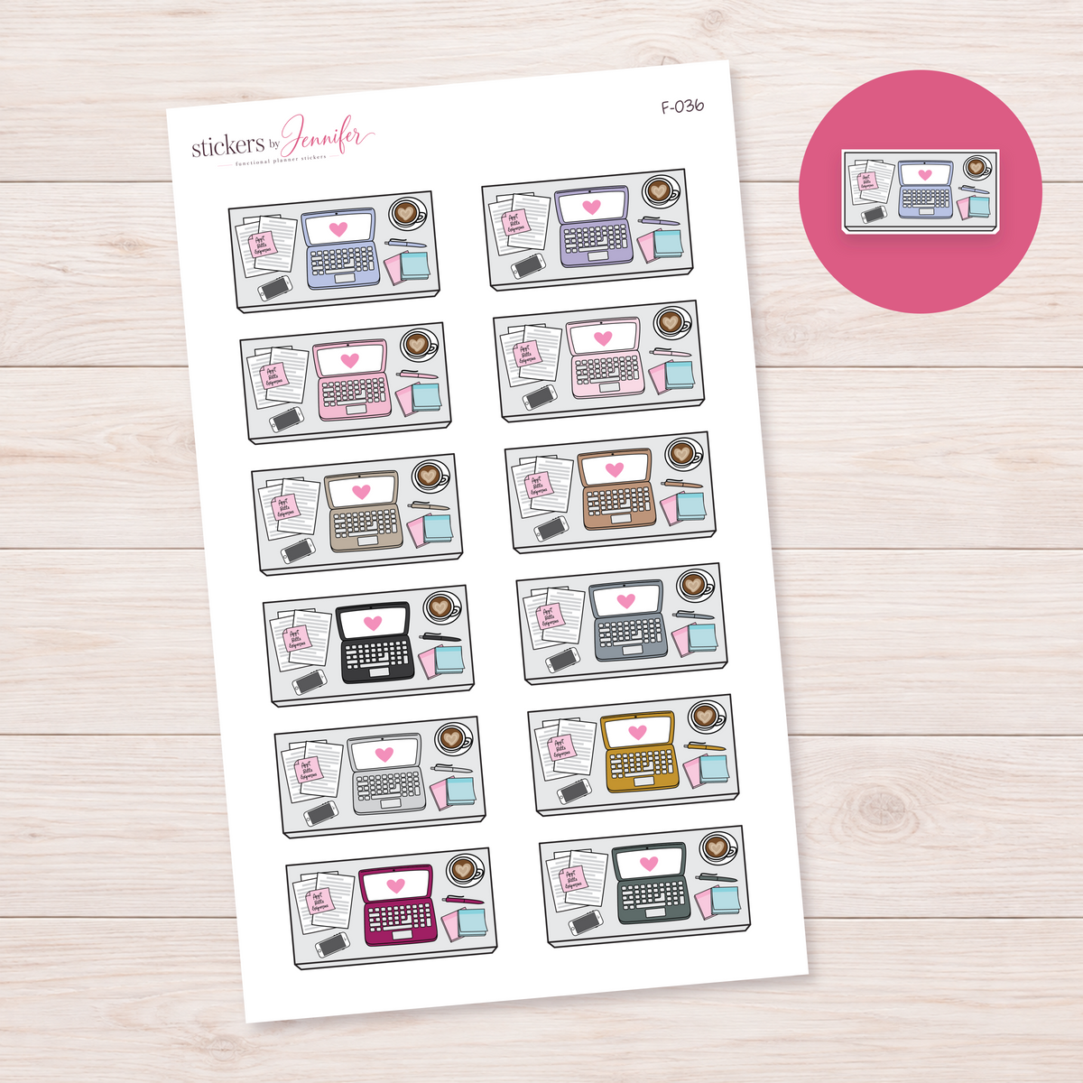 Laptop Workspace — Muted Color Mix Planner Stickers | F-036