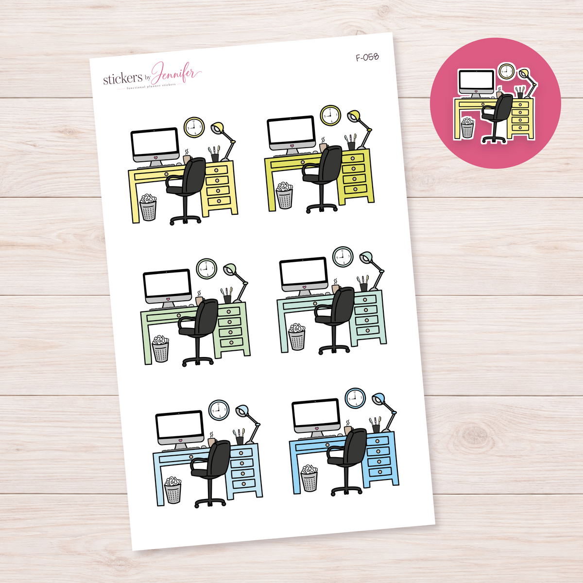 Office Desk — Yellow Green and Blue Planner Stickers | F-058