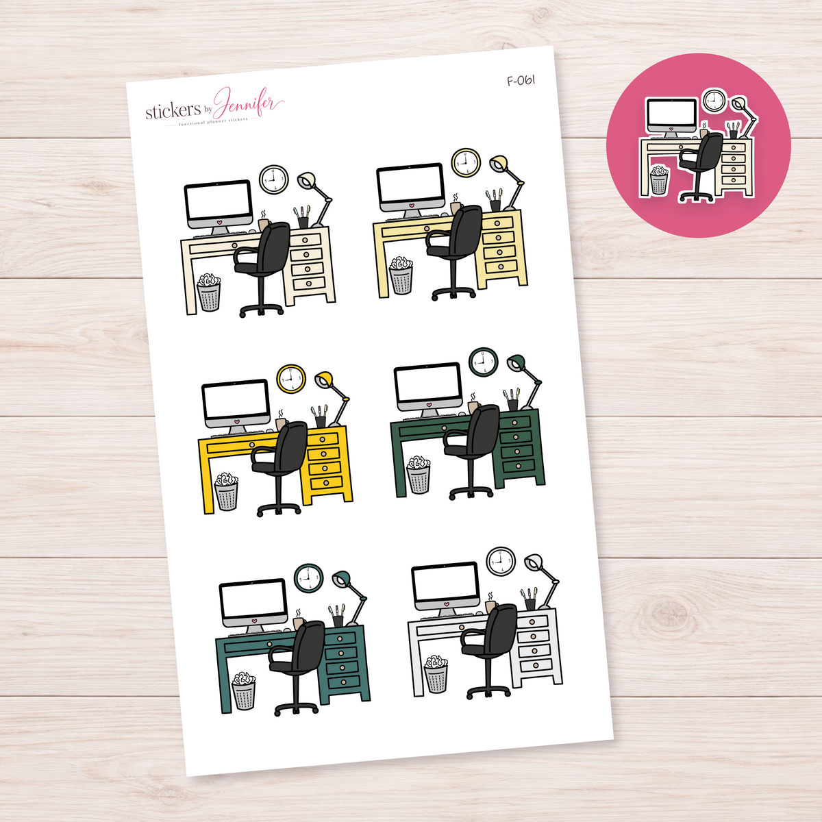 Office Desk — Cream and Green Mix Planner Stickers | F-061