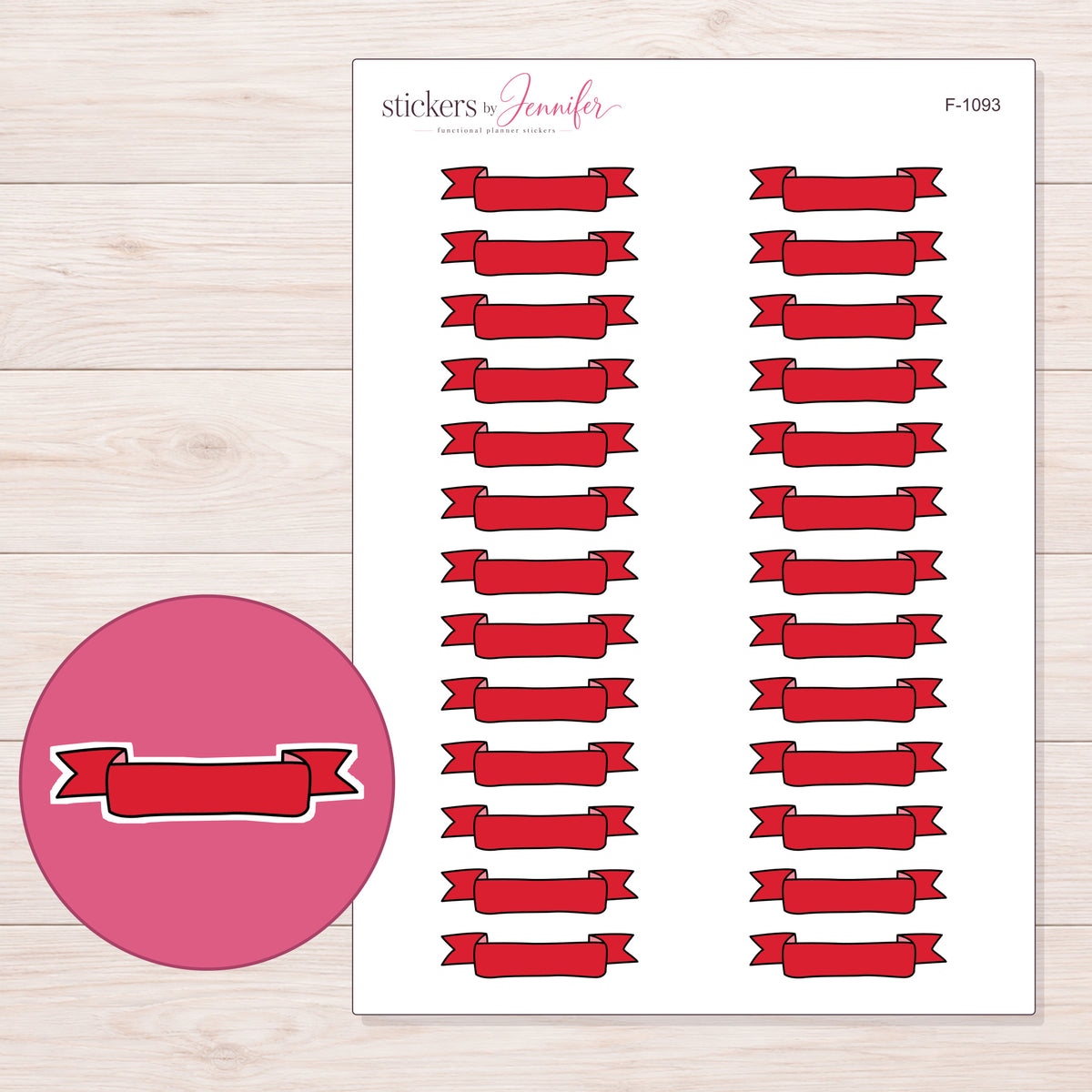 Red Scroll Banner Label Planner Stickers | F-1093 — 5 × 7 inch sheet and enlarged sticker detail