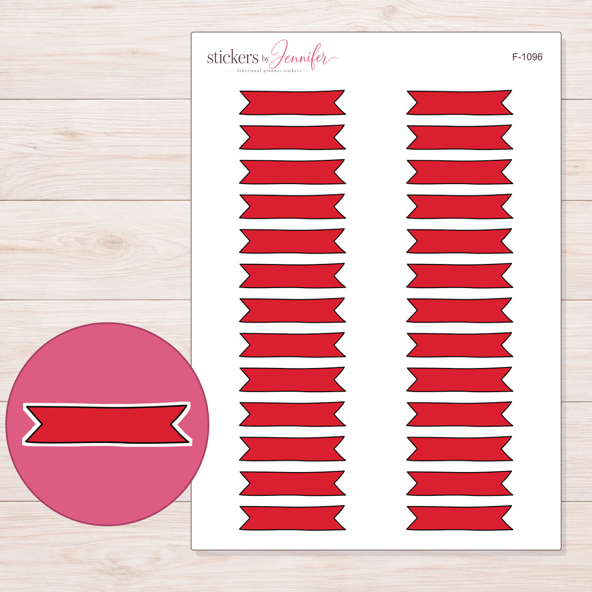 Red Double-Notch Banner Label Planner Stickers | F-1096 — 5 × 7 inch sheet and enlarged sticker detail