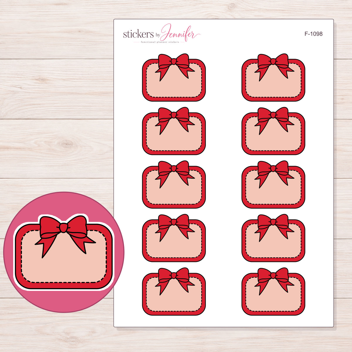 Red Bow Half Box Label Planner Stickers | F-1098 — 5 × 7 inch sheet and enlarged sticker detail