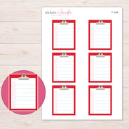 Red Clipboard Checklist Planner Stickers | F-1099 — 5 × 7 inch sheet and enlarged sticker detail
