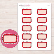 Red Doodle Scallop Half Box Planner Stickers | F-1100 — 5 × 7 inch sheet and enlarged sticker detail