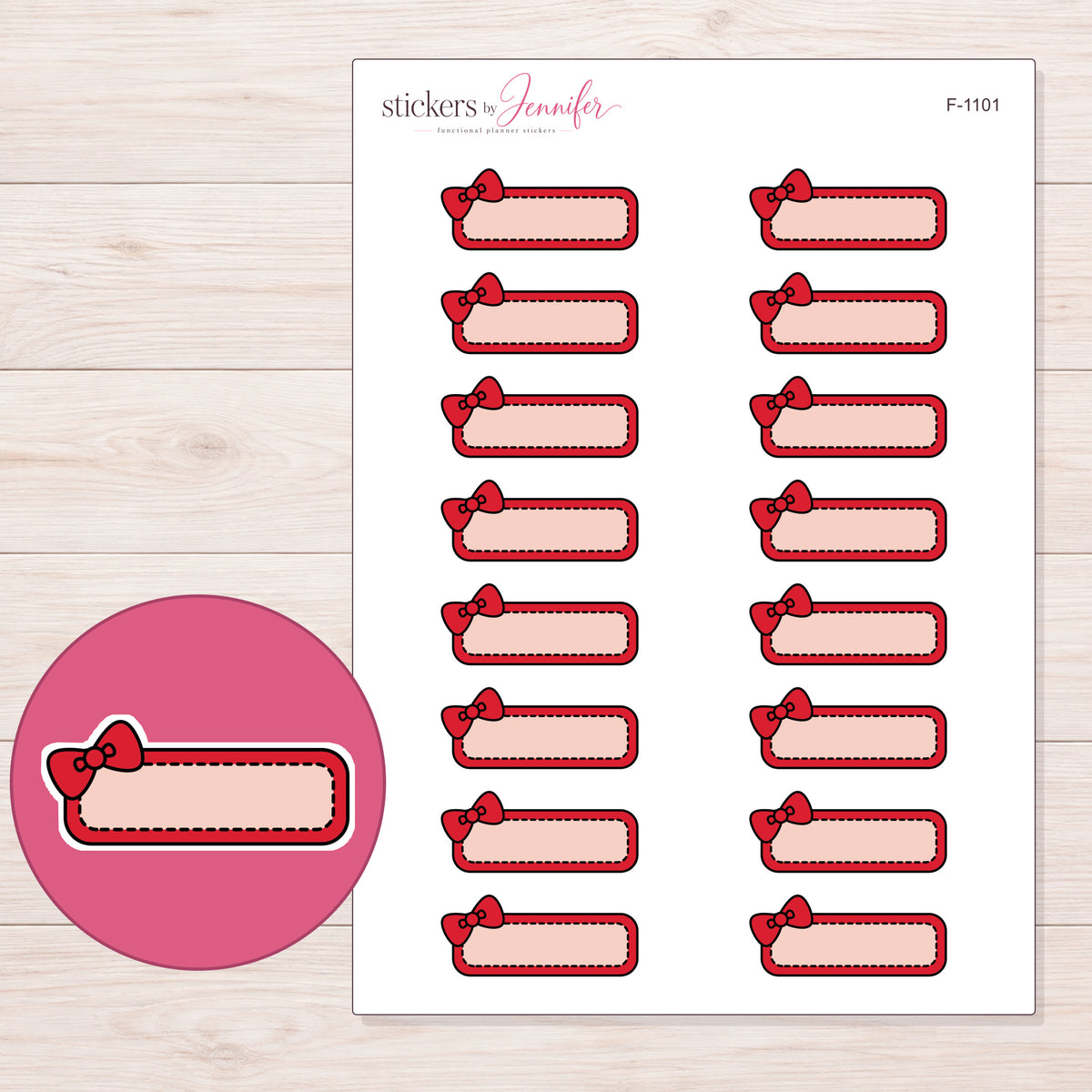 Red Bow Quarter Box Label Planner Stickers | F-1101 — 5 × 7 inch sheet and enlarged sticker detail
