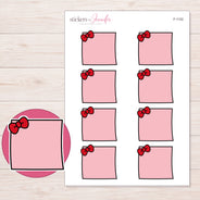 Pink Bow Note Planner Stickers | F-1102 — 5 × 7 inch sheet and enlarged sticker detail