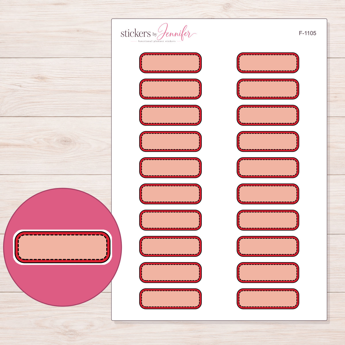 Red Stitched Quarter Box Label Planner Stickers | F-1105 — 5 × 7 inch sheet and enlarged sticker detail