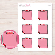 Pink Top-Tape Note Planner Stickers | F-1106 — 5 × 7 inch sheet and enlarged sticker detail