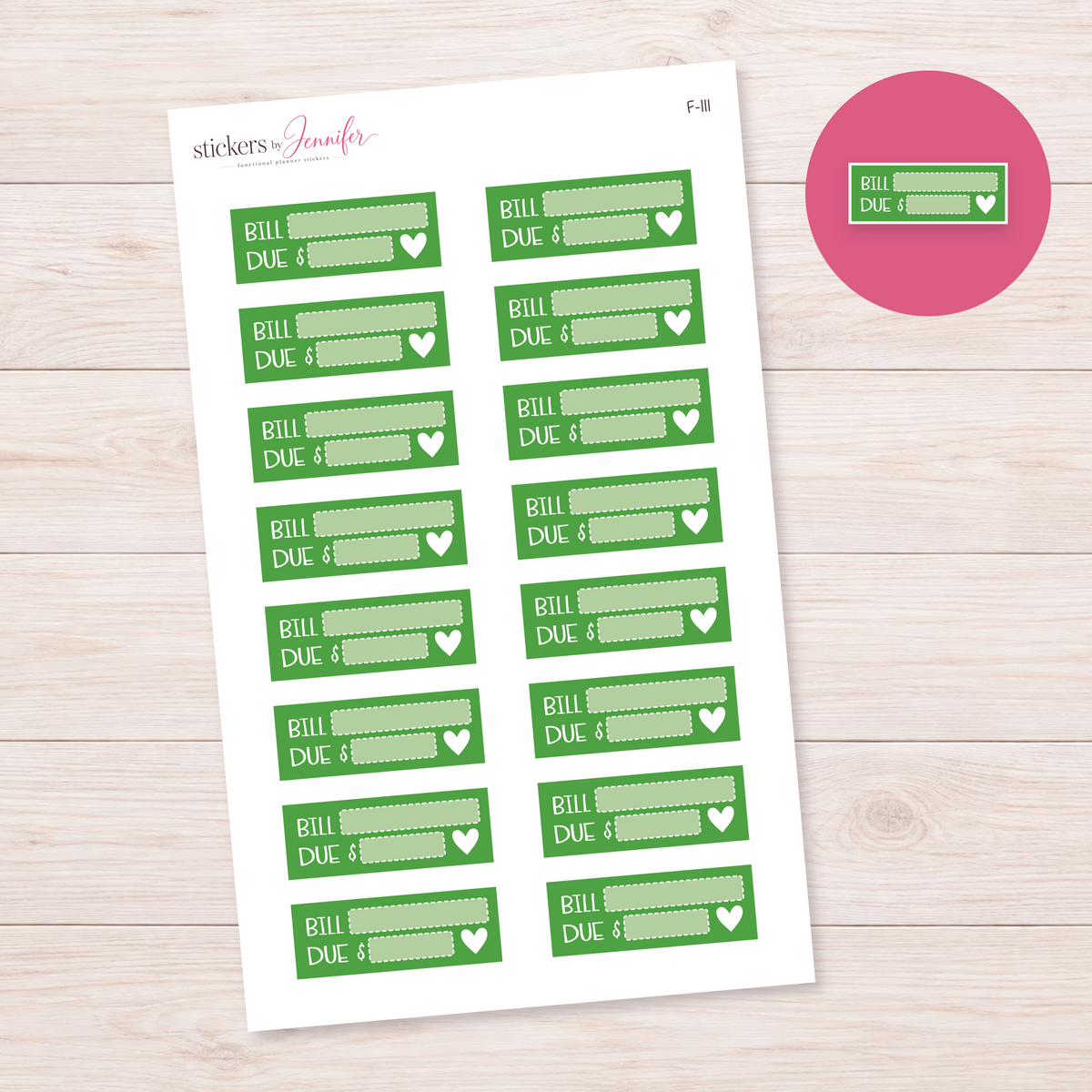 Green Bill Due Label Planner Stickers | F-111