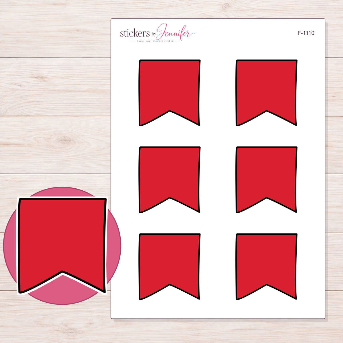 Red Fishtail Flag Planner Stickers | F-1110 — 5 × 7 inch sheet and enlarged sticker detail