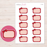 Red Corner Bow Half Box Planner Stickers | F-1115 — 5 × 7 inch sheet and enlarged sticker detail